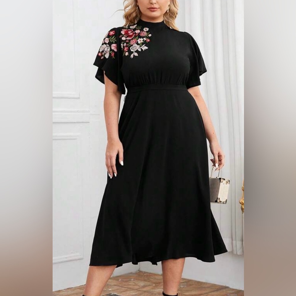 SHEIN Classic Black Bell Sleeve Midi Embroidered Dress-NWOT